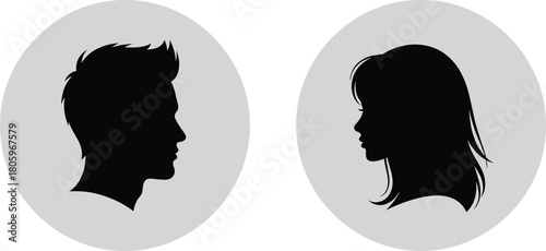 Silhouette profiles of man and woman facing each other, minimalist black figures on light background, gender contrast, relationship concept illustration design