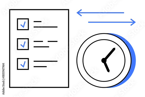 Checklist with completed tasks and a clock indicating time tracking and efficiency. Ideal for productivity, planning, task prioritization, scheduling, time management, workflow organization, simple