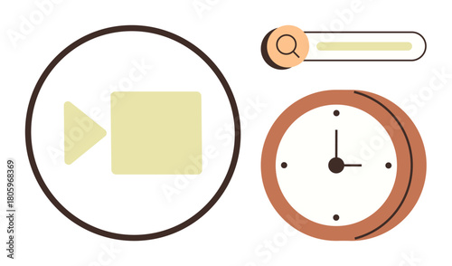 Video camera icon, search bar, and analog clock. Ideal for productivity, streaming, scheduling, multimedia, online tools time tracking and remote work. Represents a simple flat metaphor