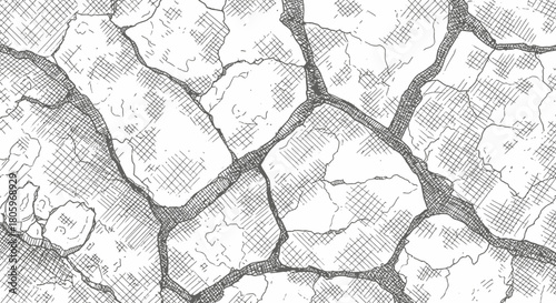 Detailed illustration of cracked stone surface texture, monochrome art.