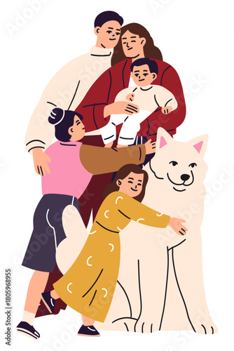 Happy family portrait illustration featuring parents, two children (including a baby), and a large Samoyed dog, embracing together.
