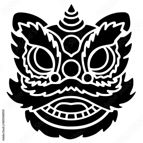 Black vector illustration of a traditional Chinese Lion Dance mask head, known as 'Waking Lion'