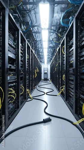 Server Room Walkthrough with Yellow Cables and Lights