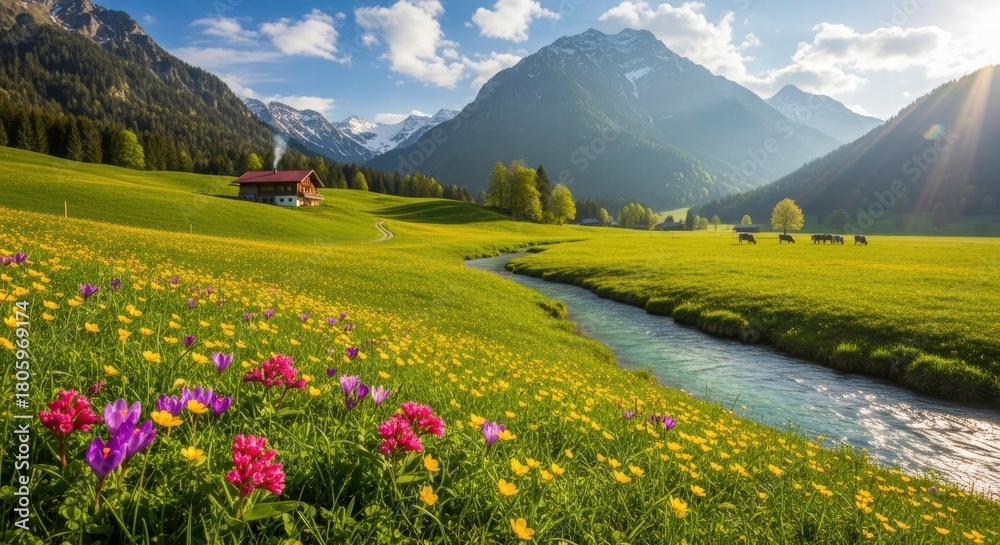 Fototapeta premium Mountain Meadow: a breathtaking panorama unfolds as a meandering stream carves its path through a vibrant meadow, embraced by majestic mountains and a brilliant sky.