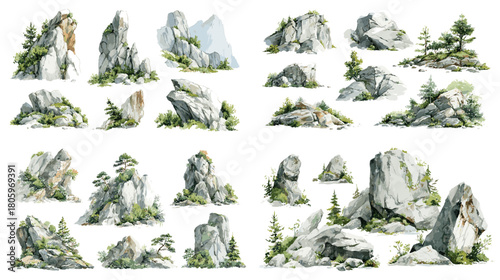 A detailed watercolor set of rocky mountains and stone formations with scattered pine trees, ideal for landscape design, outdoor illustrations, travel themes, and nature inspired artwork.