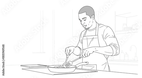 Man wearing apron cooking delicious meal in modern kitchen at home