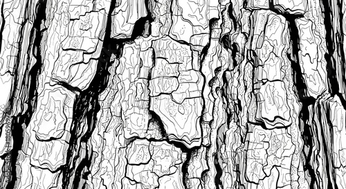 Close-up of Rough Tree Bark Texture in Black and White.