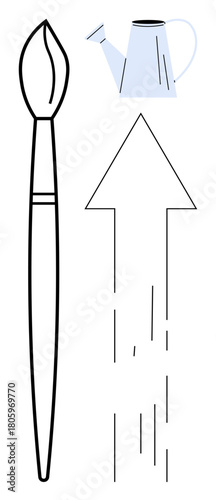 Paintbrush, watering can, and upward-pointing arrow symbolize creativity, nurturing ideas, and growth. Ideal for innovation, education, self-improvement, art sustainability progress career