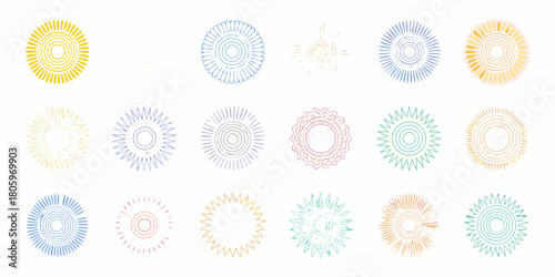 Collection of abstract sun icons in various colors and styles on a white background