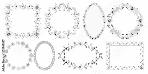 Collection of hand drawn floral frames and borders in various shapes and styles