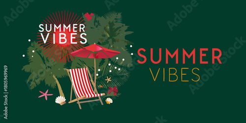 Relaxing summer vibes with beach chair umbrella palm trees and tropical flowers