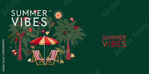Tropical summer vibes with palm trees beach chairs and umbrella on a dark green background