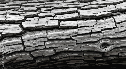 Close up of weathered tree bark texture in black and white.