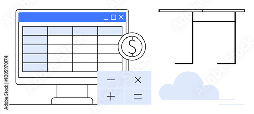 Computer screen with spreadsheet, finance symbol, calculator with operations, desk outline, and cloud. Ideal for finance, data, technology productivity remote work software online tools. Simple