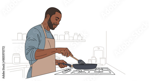 Happy chef cooking delicious meal in modern kitchen for family dinner