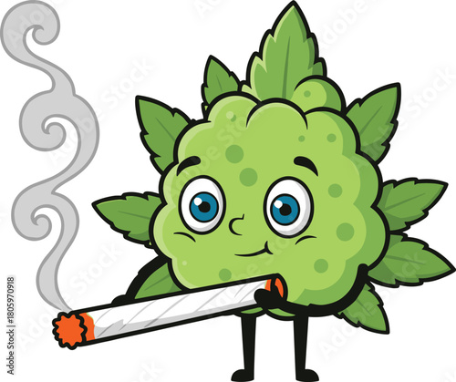 Cartoon cannabis bud character, marijuana mascot, smoking joint, weed illustration, stoner art, green leaf texture, expressive eyes, cannabis culture