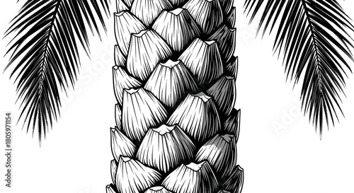 Detailed Engraving of a Palm Tree Trunk and Fronds.