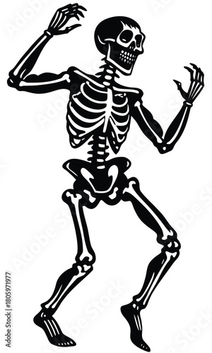 Dancing skeleton silhouette set in vintage Halloween style, spooky festive bone characters dancing