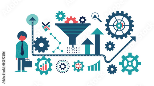 Marketer optimizing conversion funnel with data analytics charts and graphs for business growth and strategy