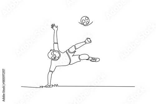 Single one line drawing young man soccer freestyle athlete executing a bicycle kick or overhead trick with a ball. Dynamic skill and acrobatics. Continuous line draw design graphic vector illustration