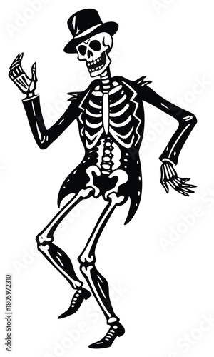 Dancing skeleton silhouette set in vintage Halloween style, spooky festive bone characters dancing