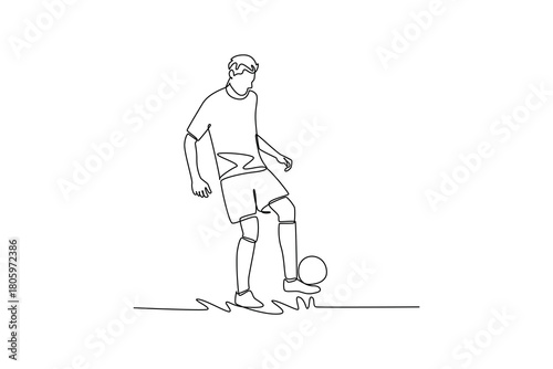 Single one line drawing young man soccer freestyle athlete expertly controlling ball with his foot in focused stance. Fluid skill of the sport. Continuous line draw design graphic vector illustration