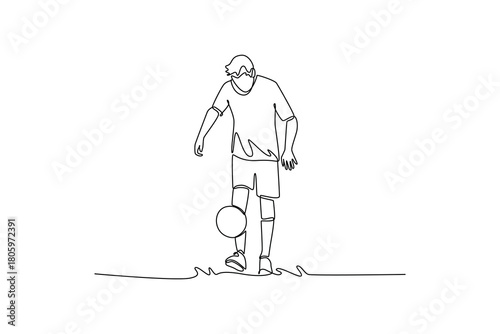 Single one line drawing skilled active male soccer freestyle athlete bouncing ball off his foot with focused control. Dynamic balance of sport. Continuous line draw design graphic vector illustration