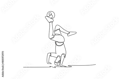 Continuous one line drawing man soccer freestyle athlete performing inverted headstand, balancing ball on his foot. Dynamic acrobatics and strength. Single line draw design vector graphic illustration