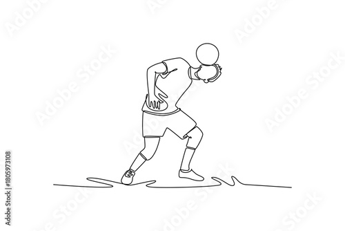 Continuous one line drawing young man soccer freestyle athlete bending low, expertly balancing ball on his chest, shoulder. Fluid movement control. Single line draw design vector graphic illustration