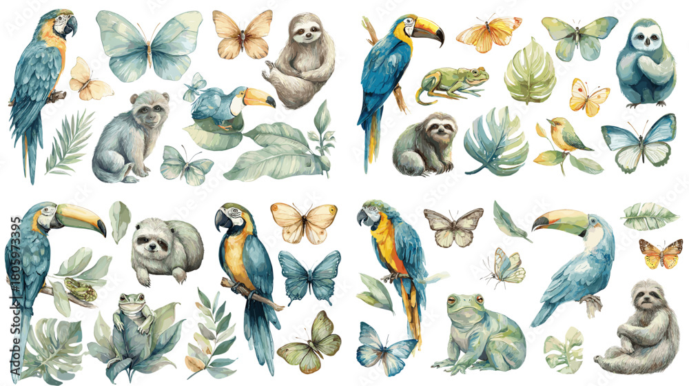 Naklejka premium A watercolor collection of tropical animals, butterflies, parrots, sloths, frogs, and jungle leaves, perfect for nature themes, children's designs, botanical art, and wildlife illustration projects.