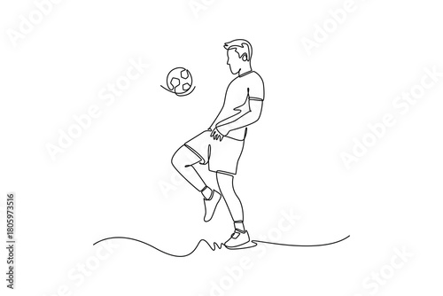 Continuous one line drawing man soccer freestyle athlete expertly juggling ball off his thigh with focused balance. Fluid skill and dynamic control. Single line draw design vector graphic illustration
