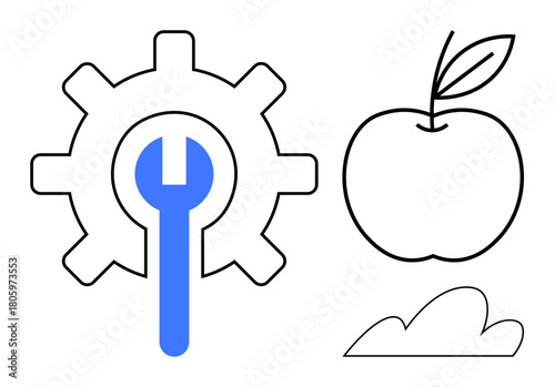 Gear with wrench signifies repair and technological processes, apple represents health and knowledge, and cloud conveys nature or technology. Ideal for technology, nature, learning, innovation