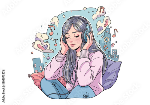 Relaxing listening to music with headphones in dreamy cartoon city background