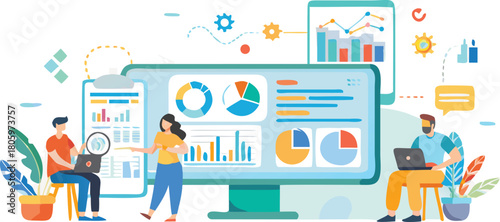 Modern office professionals collaborating and analyzing data on a digital dashboard with charts and graphs