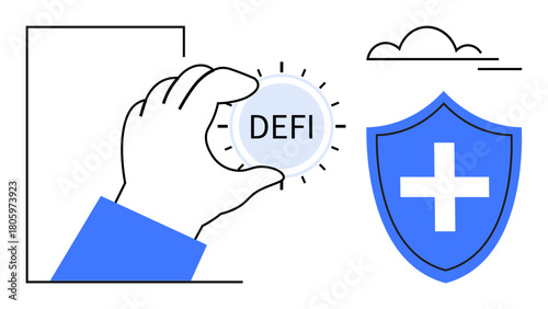 Hand holding DeFi coin radiating impact next to a protective shield with a cross symbol. Ideal for blockchain, risk management, finance, insurance, safety, innovation, and technology themes. Clean