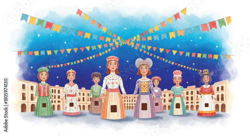 Watercolor puppet theater characters in traditional costumes.