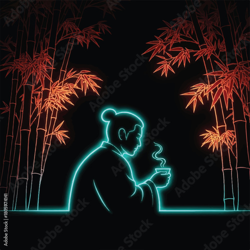 Glowing asian figure drinking tea in a bamboo forest.