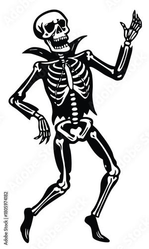Dancing skeleton silhouette set in vintage Halloween style, spooky festive bone characters dancing