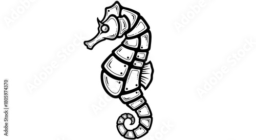 Stylized black and white seahorse illustration.