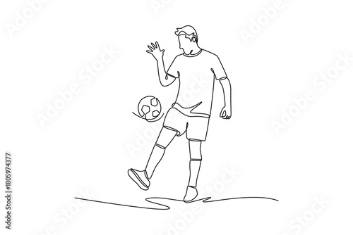 Single continuous line drawing man soccer freestyle athlete expertly juggling ball off his foot with focused balance. Fluid skill and dynamic control. One line draw graphic design vector illustration