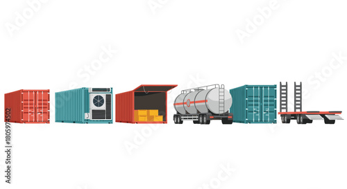 Collection of shipping containers and transport equipment on white background, Generative AI.