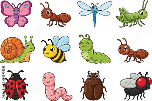 Cartoon insects, smiling bugs, colorful creatures, butterfly, ant, dragonfly, grasshopper, bee, snail, caterpillar, ladybug, worm, beetle, fly illustration