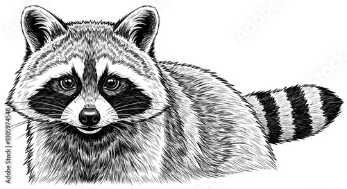 Detailed black and white illustration of a raccoon with its distinctive mask and striped tail.