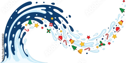 A wave carrying christmas themed decorations on a transparent background clean professional vector illustration
