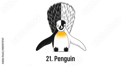 Stylized penguin illustration with a split black and white design.