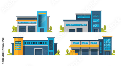 Set of modern commercial buildings with glass facades and blue accents, Generative AI.