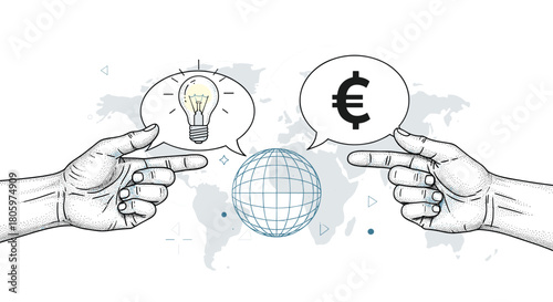 International business negotiation concept with hands exchanging an idea for money represented by a lightbulb and a euro symbol.