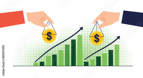 Business investment and financial growth concept with two hands placing dollar coins on a rising green bar chart with an upward arrow.