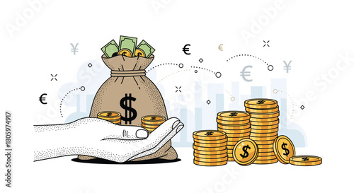 Global finance and investment concept with a hand holding a money bag and stacks of coins with international currency symbols.