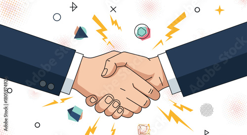 Dynamic business agreement or powerful partnership concept with a handshake creating electric energy and abstract geometric shapes.